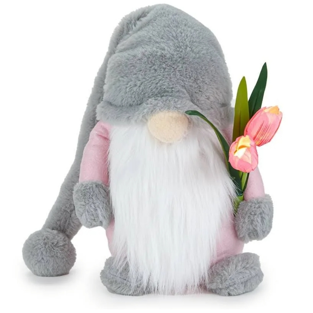 LED LIGHTED GNOME WITH TULIP 13 inches PLUSH & WEIGHTED Pink & Grey BNWT